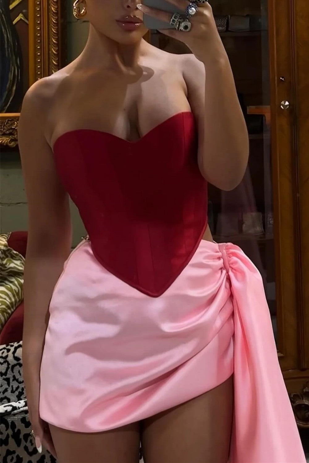 Pink Satin Mini Homecoming Dress with Sweetheart Corset Top and Side Train