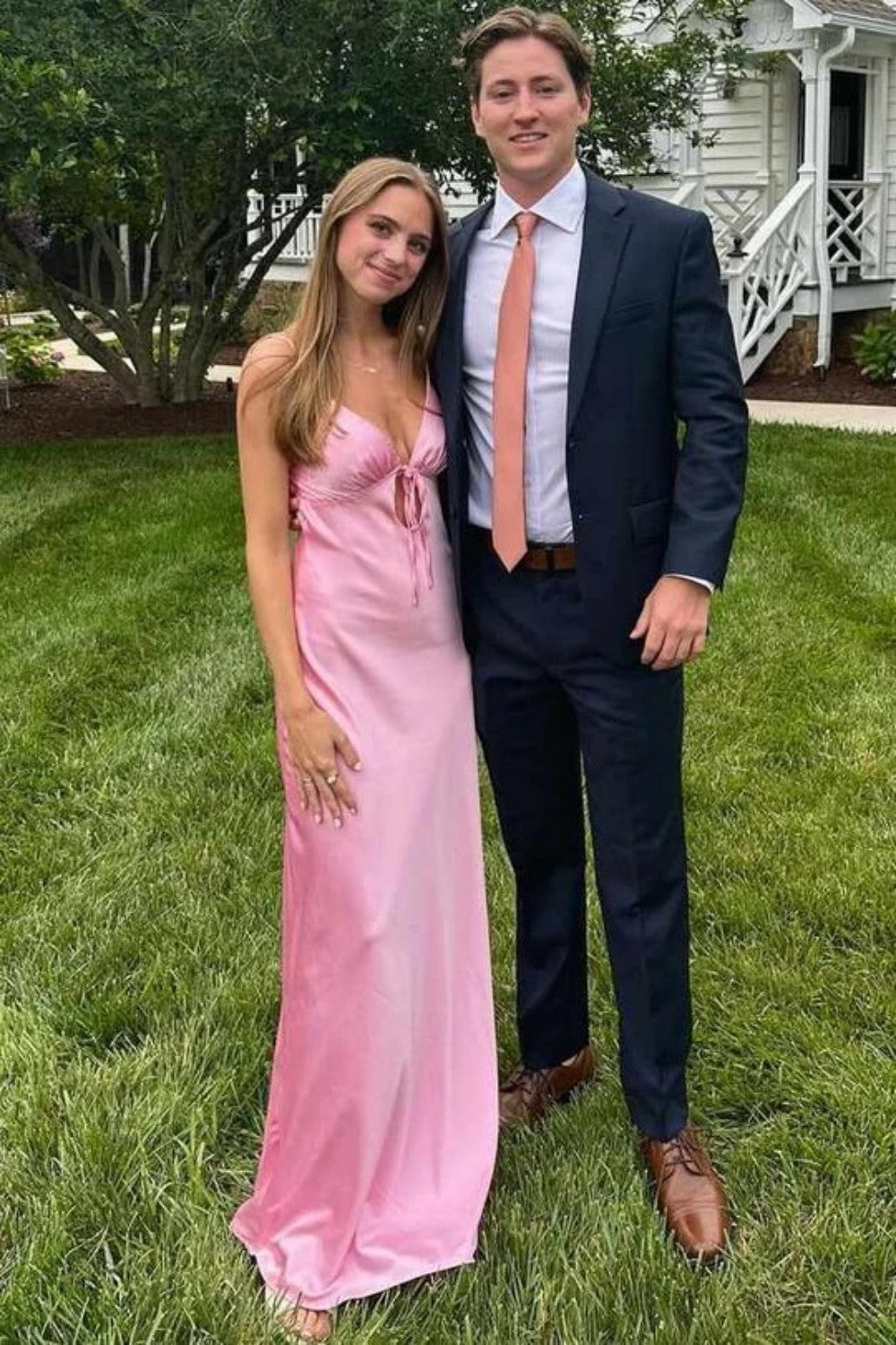 Pink Satin Slip Prom Dress with Spaghetti Straps Tie Front and Sleek Silhouette