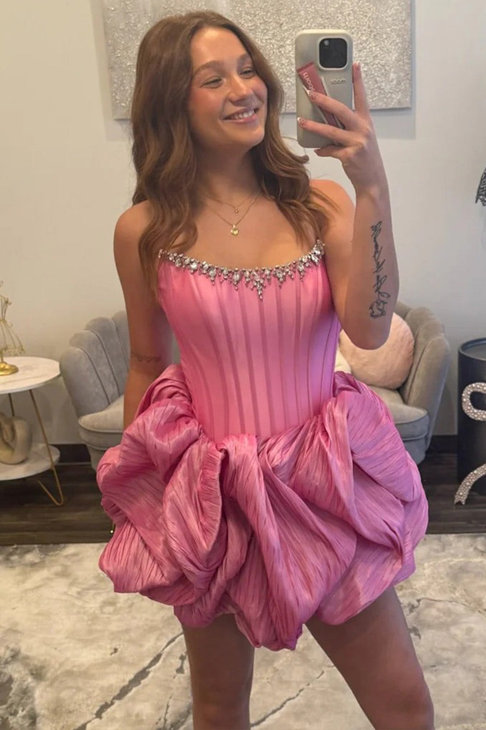 Pink Strapless Corset Bodice Bubble Skirt Mini Homecoming Dress with Crystal Trim