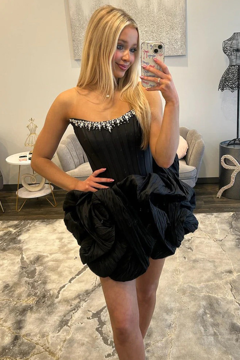 Pink Strapless Corset Bodice Bubble Skirt Mini Homecoming Dress with Crystal Trim