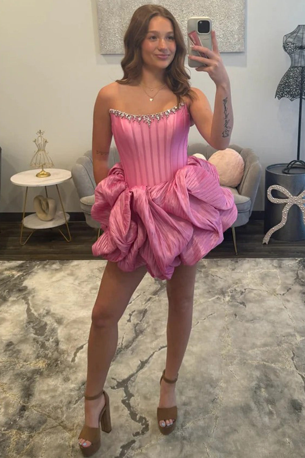 Pink Strapless Corset Bodice Bubble Skirt Mini Homecoming Dress with Crystal Trim
