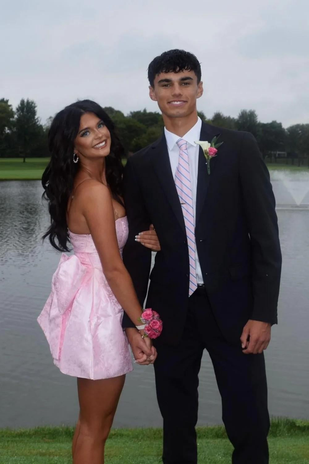 Pink Strapless Corset Jacquard Homecoming Dress with Flared Skirt