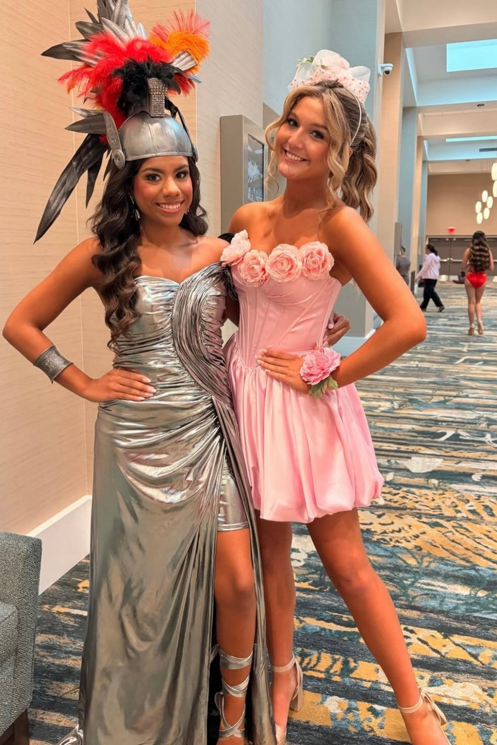 Pink Strapless Satin Homecoming Dress with 3D Floral Bust and Bubble Hem