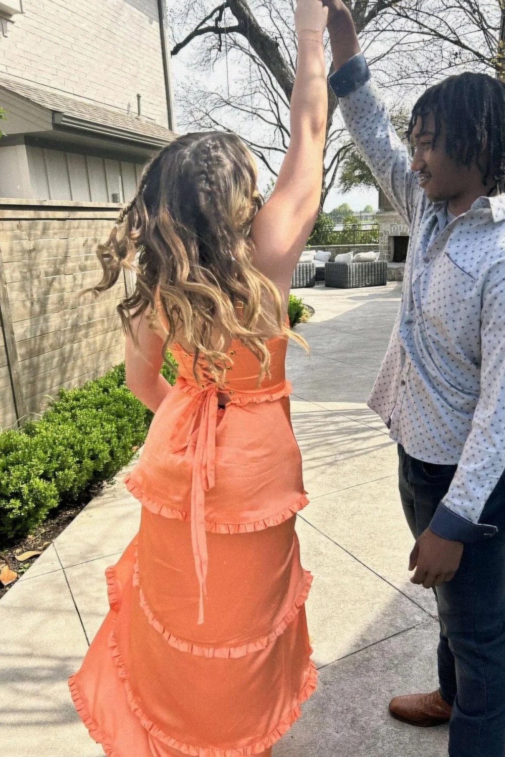 Pink Tiered Ruffle Square Neck Lace Up Prom Dress with High Slit