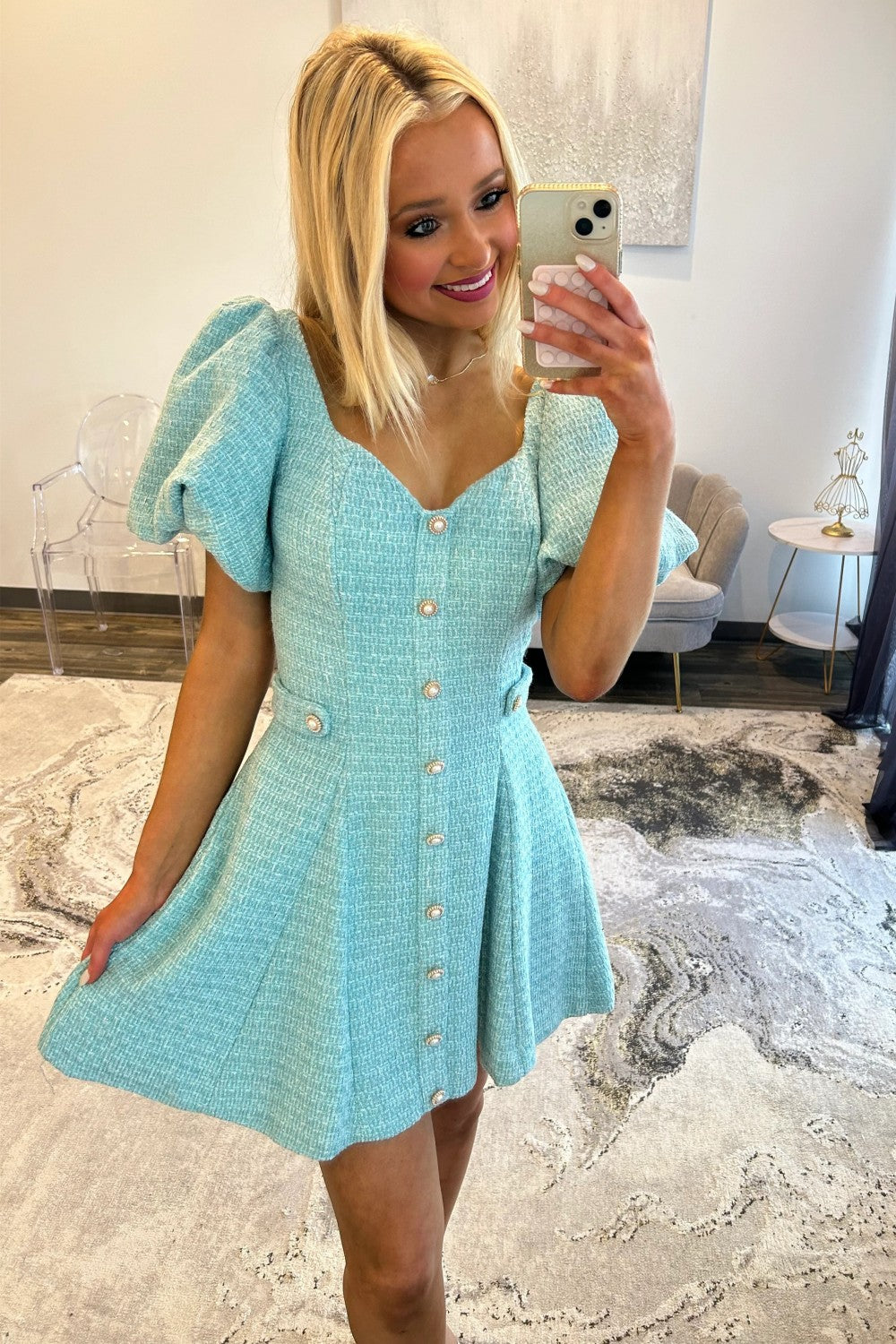 Pink Tweed Puff Sleeve Homecoming Dress with Pearl Buttons and Fit Flare Silhouette