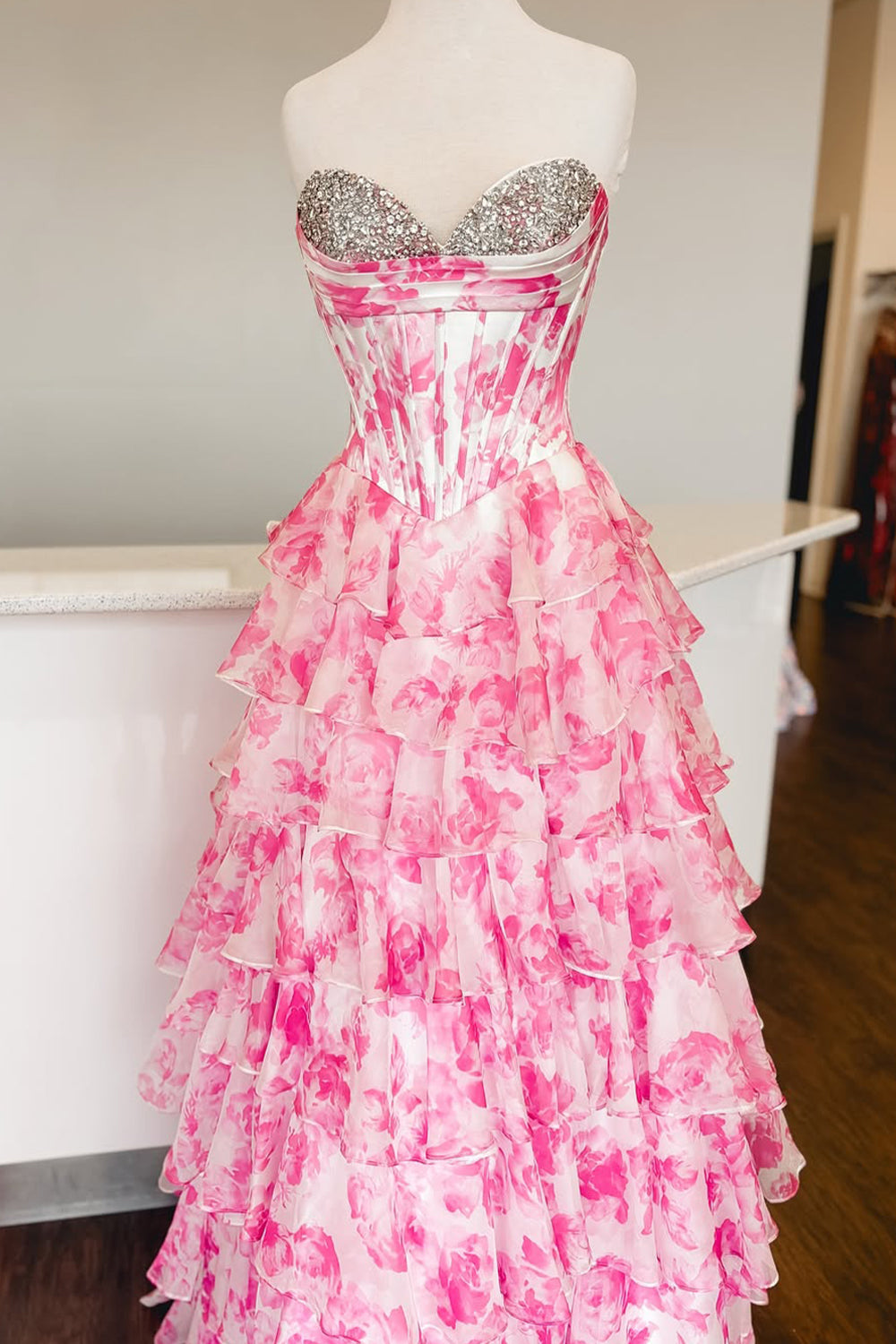 Watercolor Floral Strapless Prom Dress with Sweetheart Tiered Chiffon Train