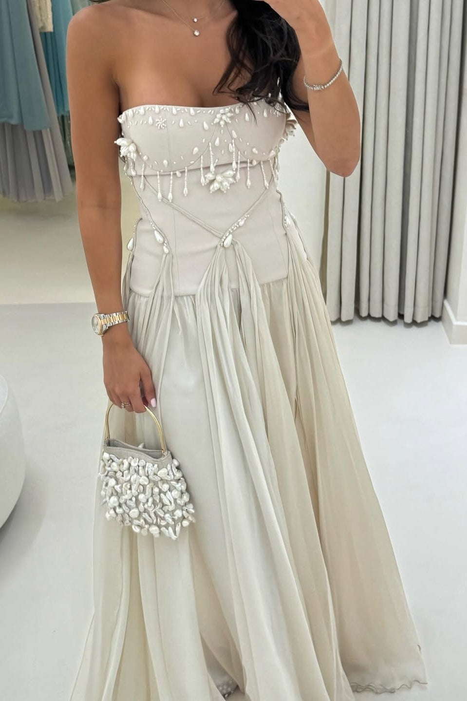 Pretty A Line Strapless/Sweetheart Silver/Light Pink Long Party Dress with Ruffles