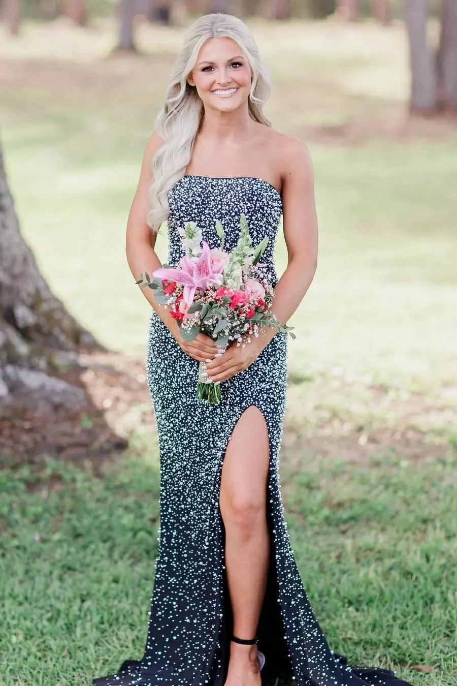 Sparkly Blush Pink Pearl Embellished Long Prom Dress with Side Slit