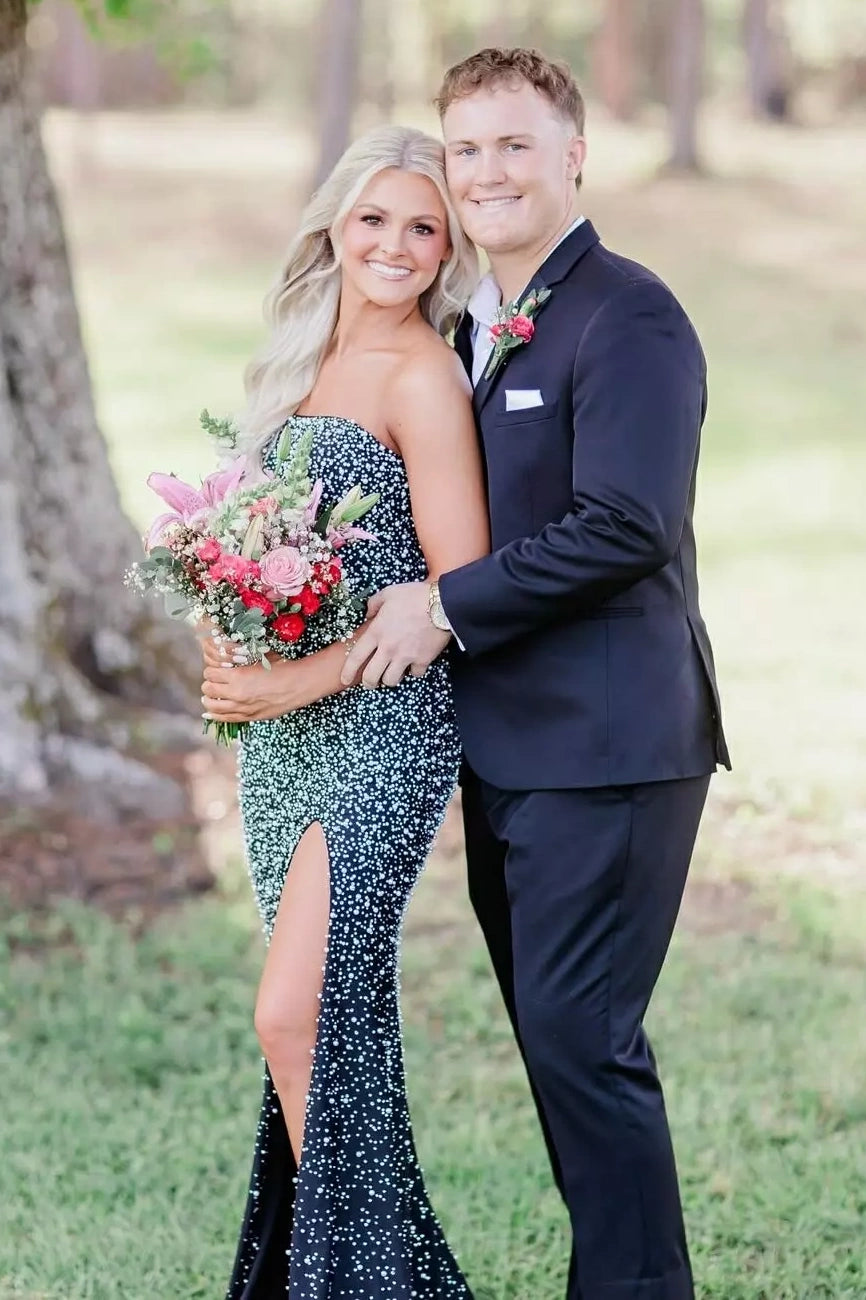 Sparkly Blush Pink Pearl Embellished Long Prom Dress with Side Slit