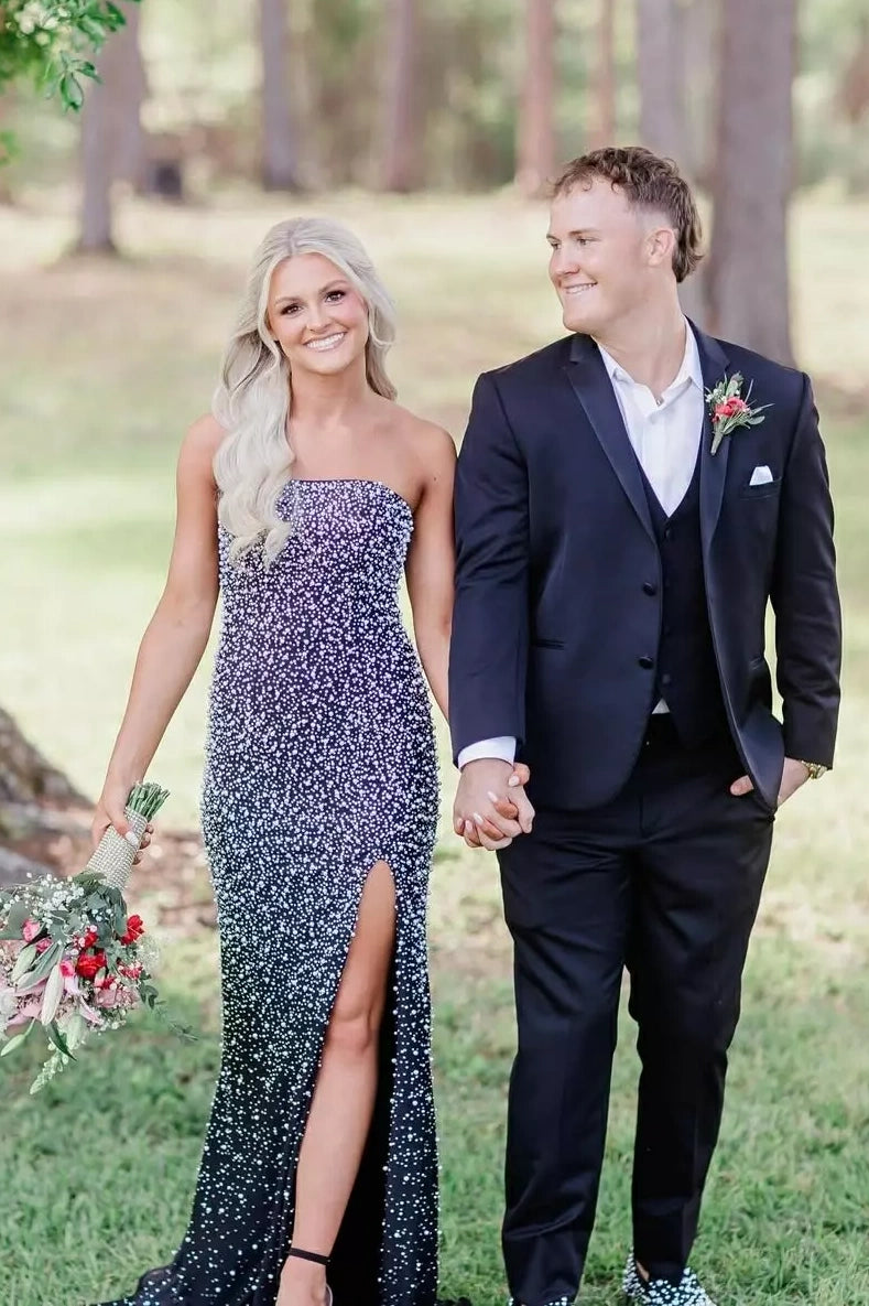 Sparkly Blush Pink Pearl Embellished Long Prom Dress with Side Slit