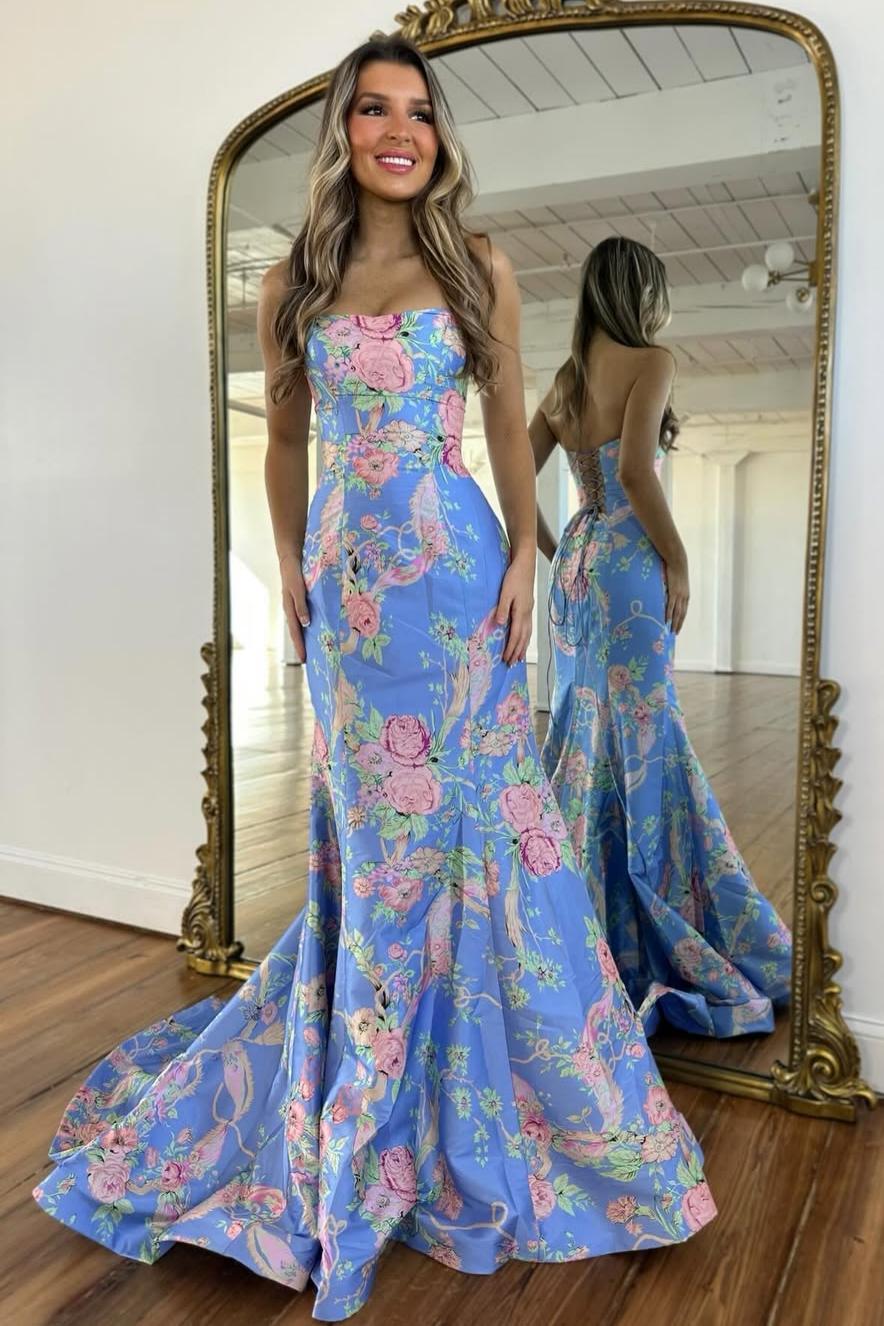 Vintage Inspired Floral Prom Dress with Strapless Bodice and Flowy Skirt