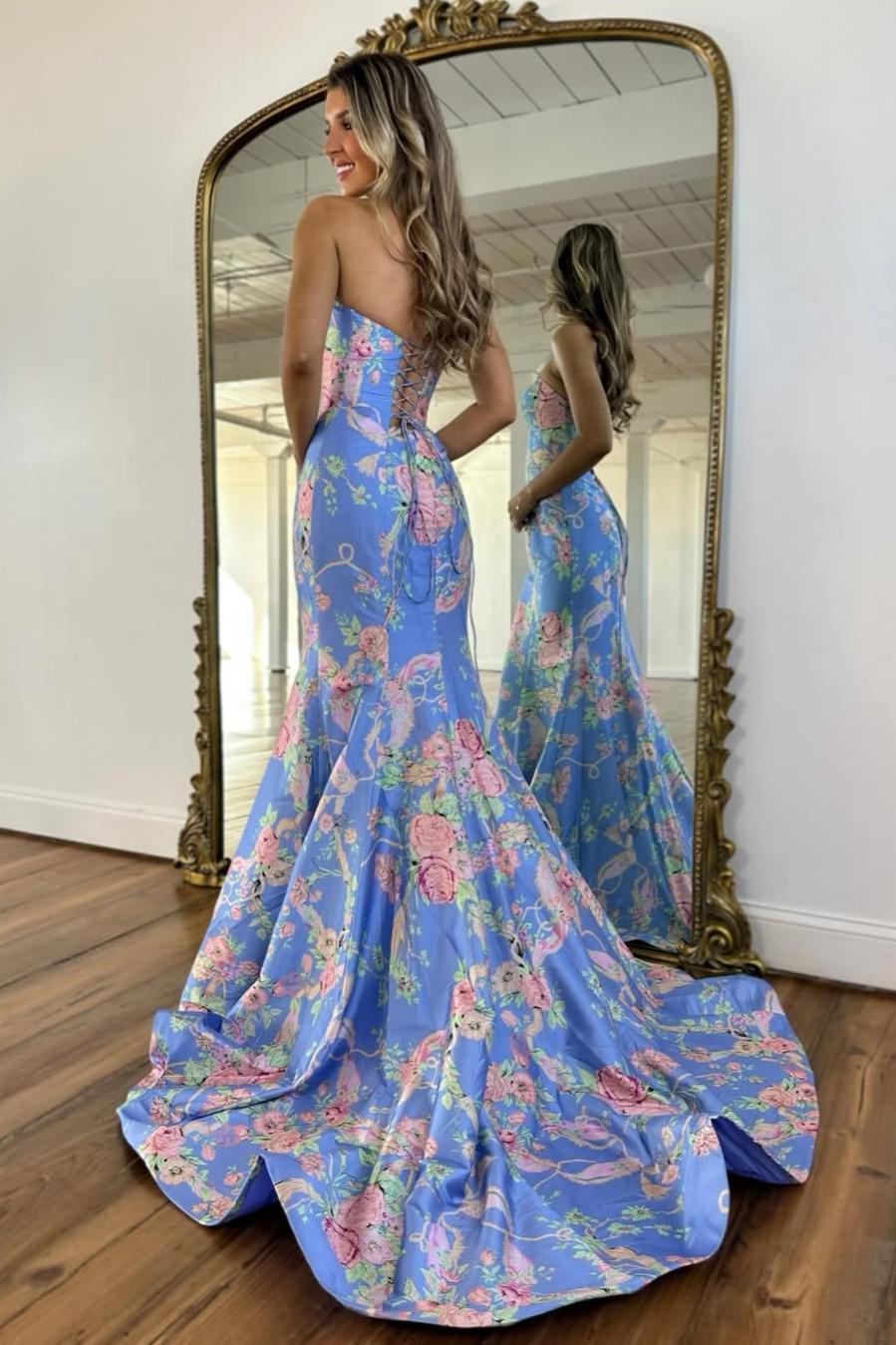 Vintage Inspired Floral Prom Dress with Strapless Bodice and Flowy Skirt