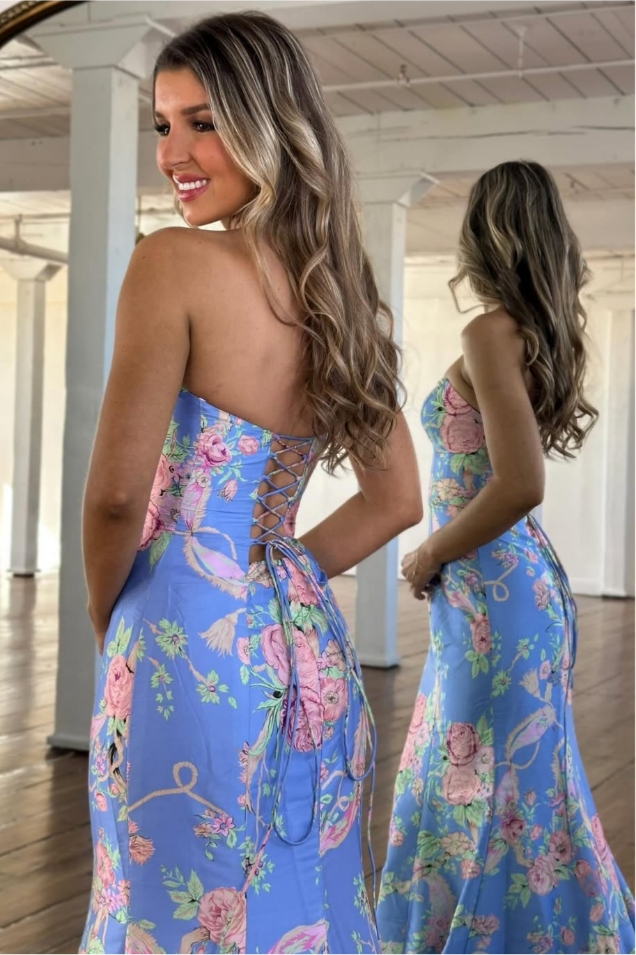 Vintage Inspired Floral Prom Dress with Strapless Bodice and Flowy Skirt