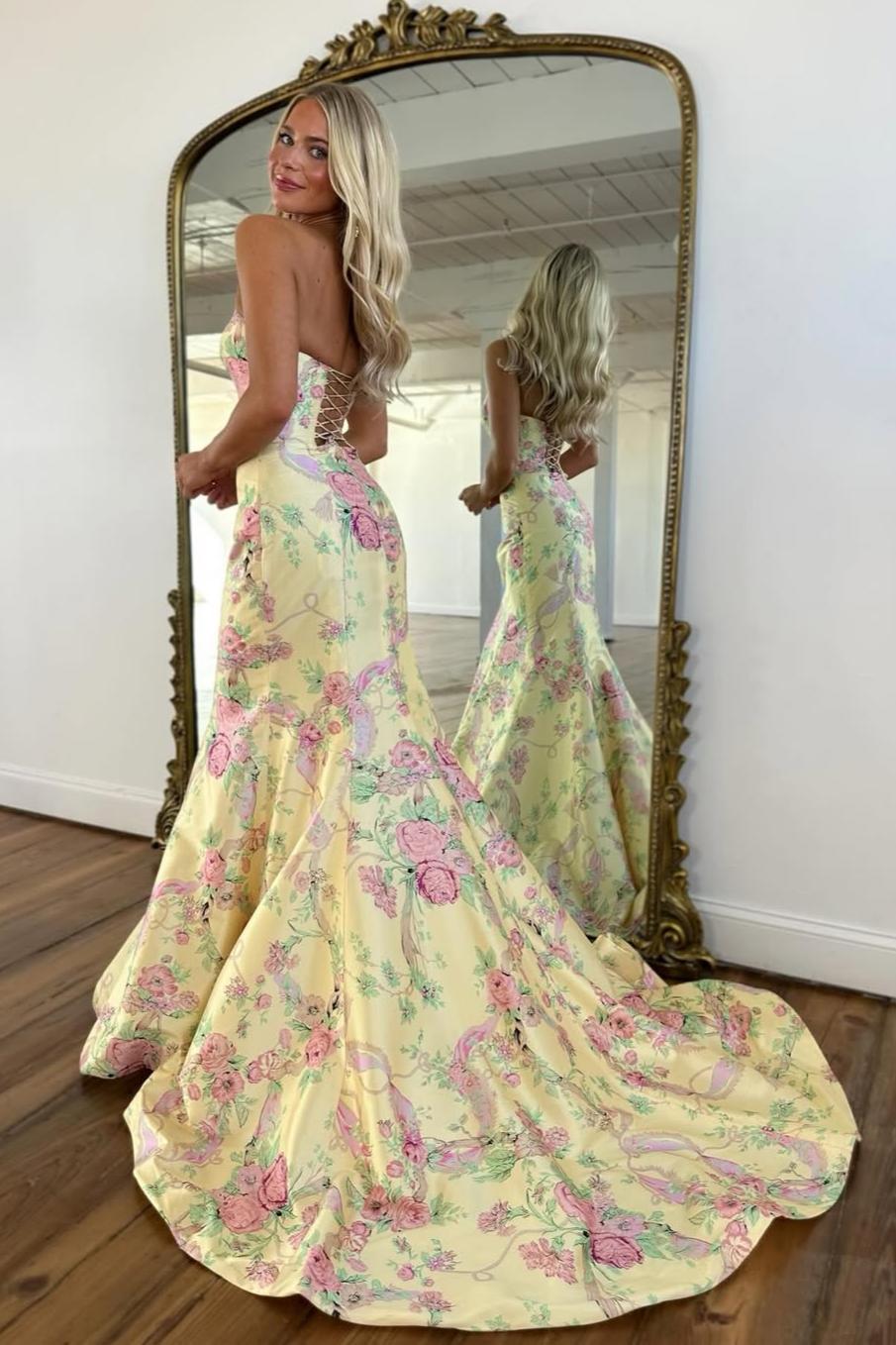 Vintage Inspired Floral Prom Dress with Strapless Bodice and Flowy Skirt