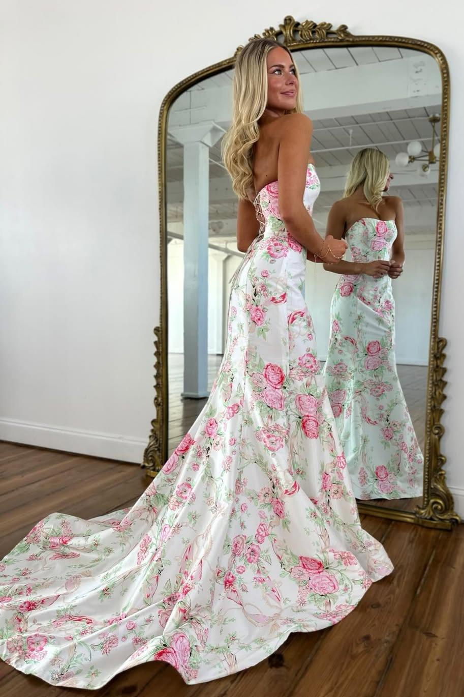 Vintage Inspired Floral Prom Dress with Strapless Bodice and Flowy Skirt