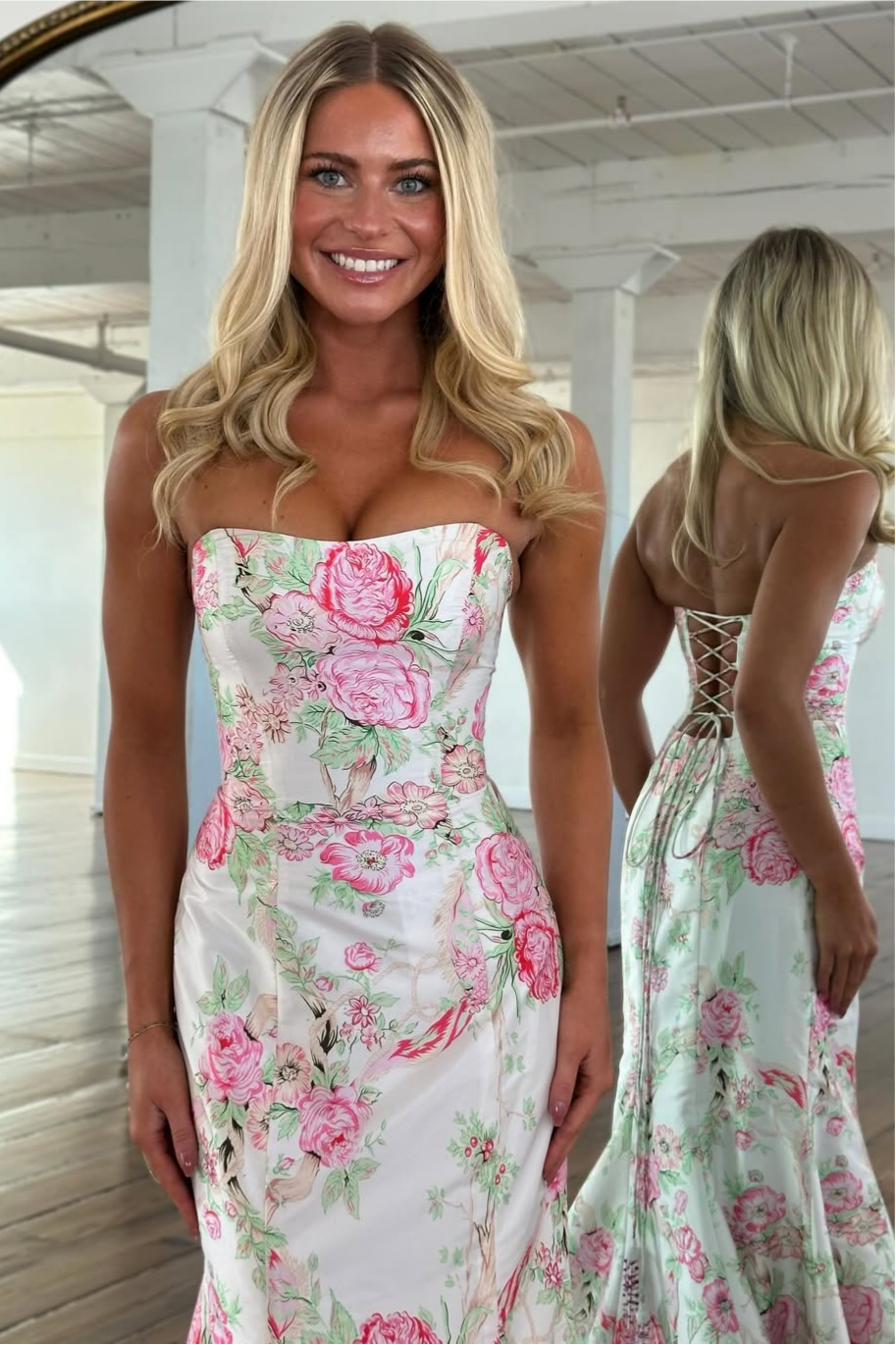 Vintage Inspired Floral Prom Dress with Strapless Bodice and Flowy Skirt