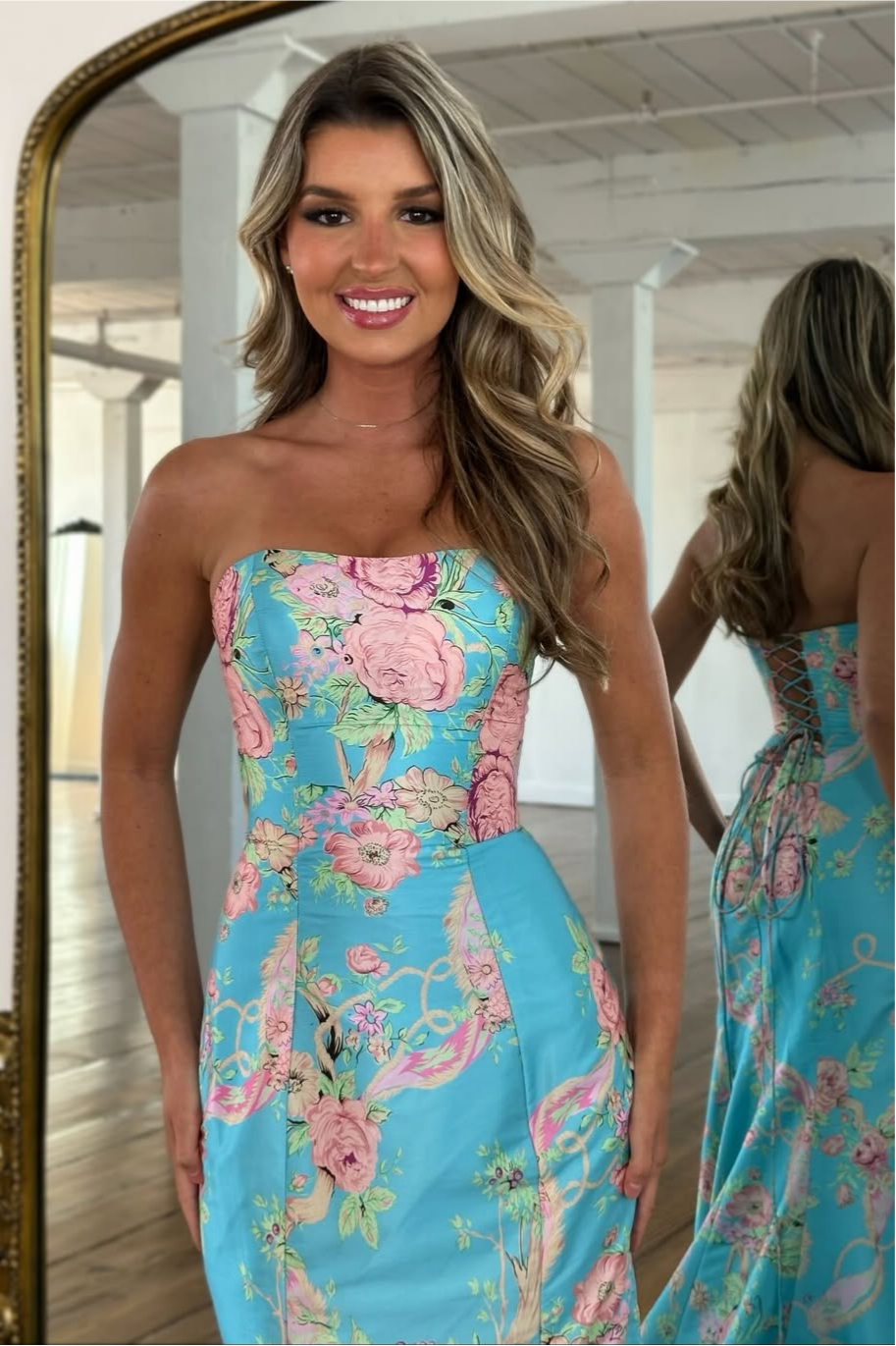 Vintage Inspired Floral Prom Dress with Strapless Bodice and Flowy Skirt