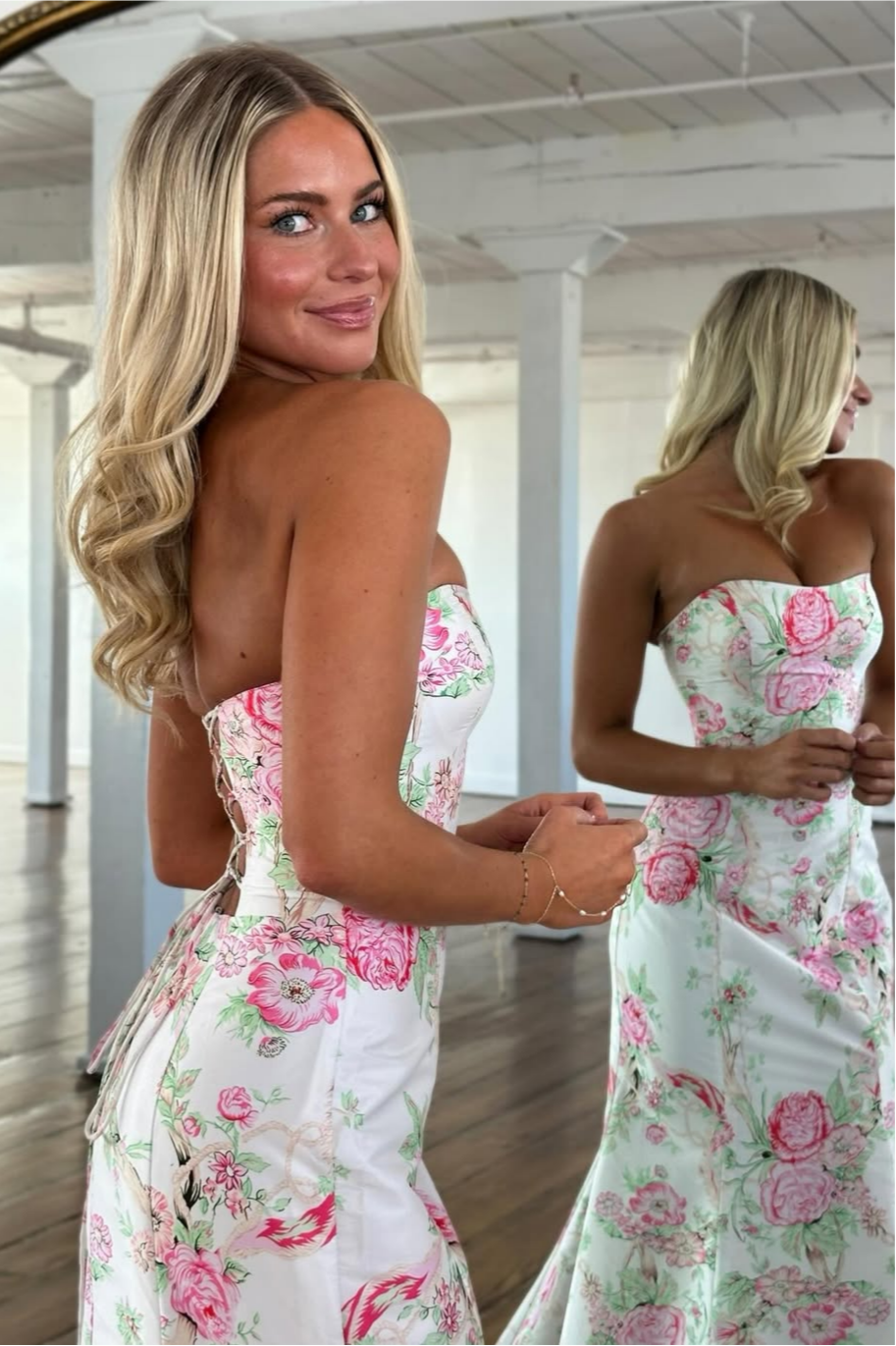 Vintage Inspired Floral Prom Dress with Strapless Bodice and Flowy Skirt