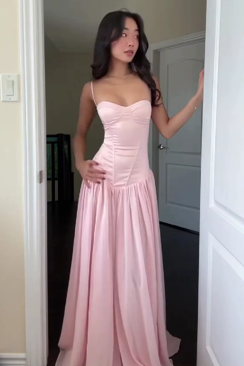Pretty A Line Spaghetti Straps Pink Corset Prom Dress with Ruffles