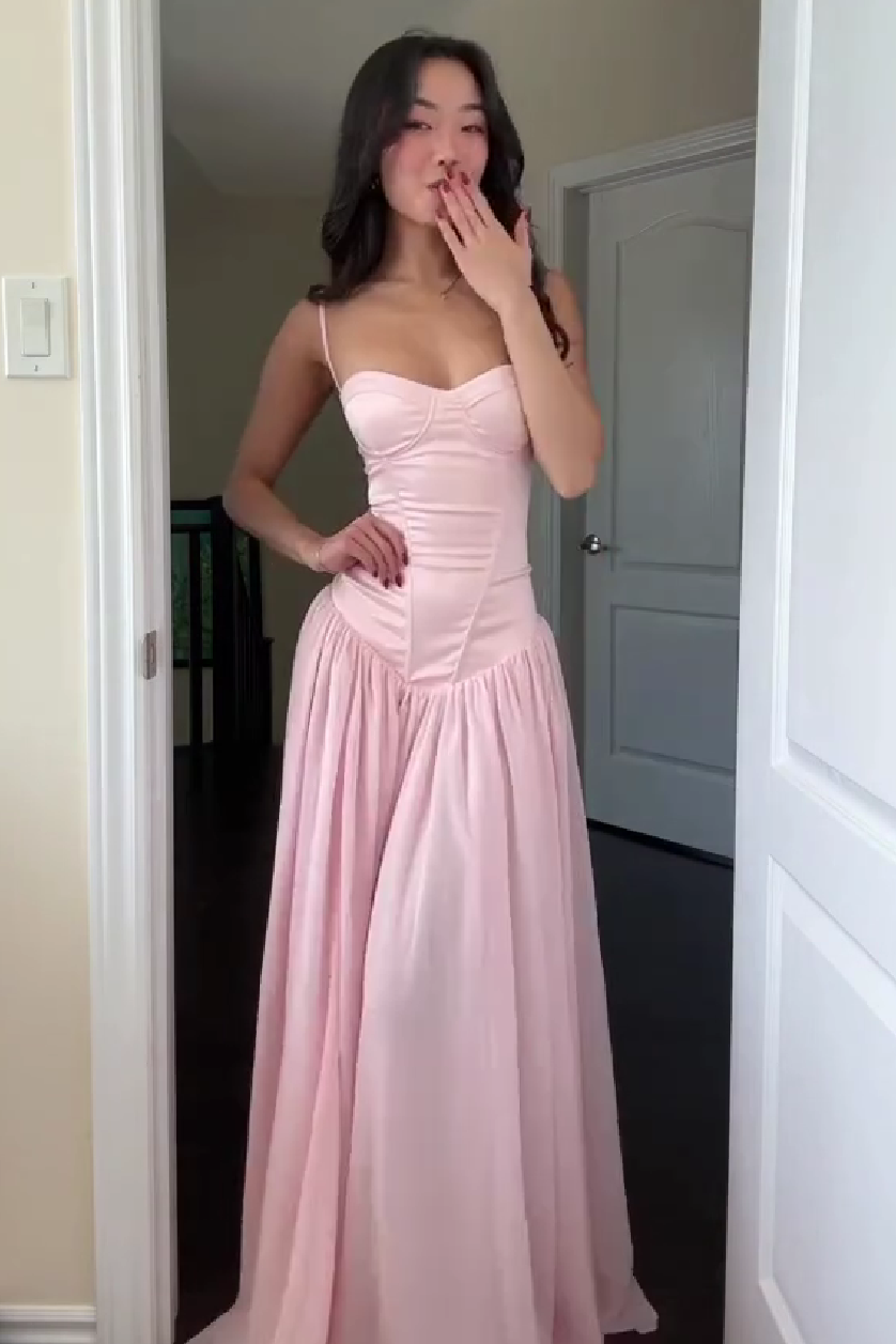 Pretty A Line Spaghetti Straps Pink Corset Prom Dress with Ruffles