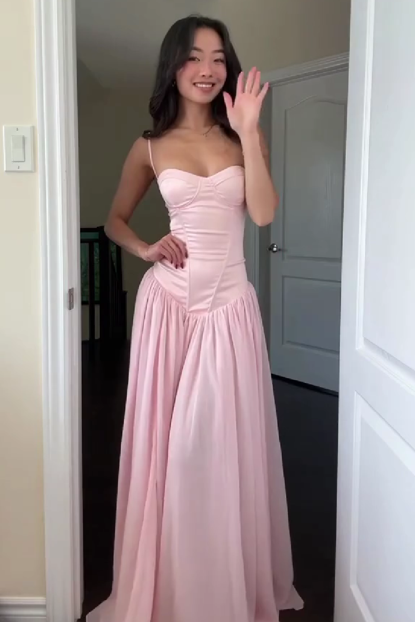 Pretty A Line Spaghetti Straps Pink Corset Prom Dress with Ruffles