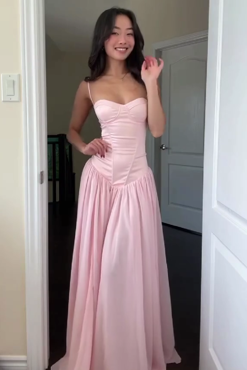 Pretty A Line Spaghetti Straps Pink Corset Prom Dress with Ruffles