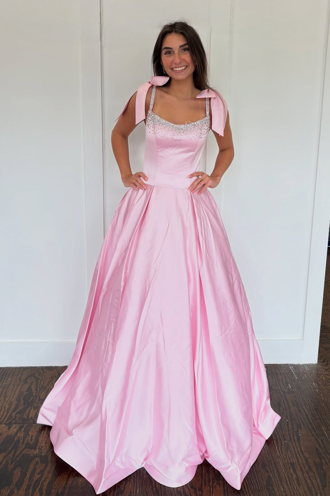 Pretty A Line Spaghetti Straps Pink Long Prom Dress with Beading Bowknot