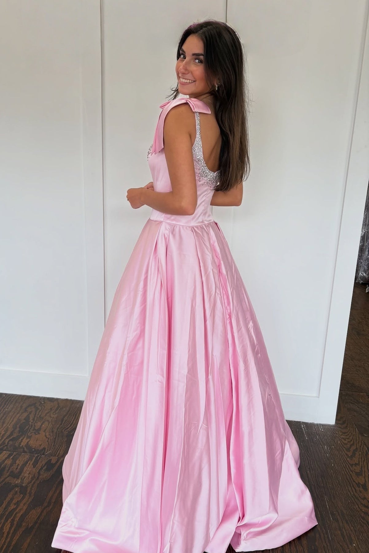 Pretty A Line Spaghetti Straps Pink Long Prom Dress with Beading Bowknot