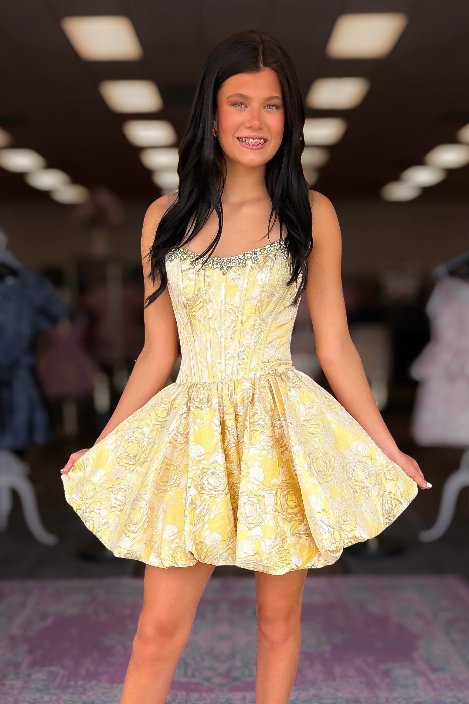 Pretty A Line Strapless Light Yellow Corset Homecoming Dress with Beading