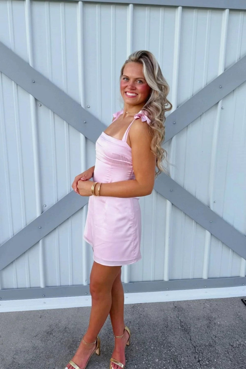 Pretty Light Pink Short Satin Homecoming Dress with Bow Straps