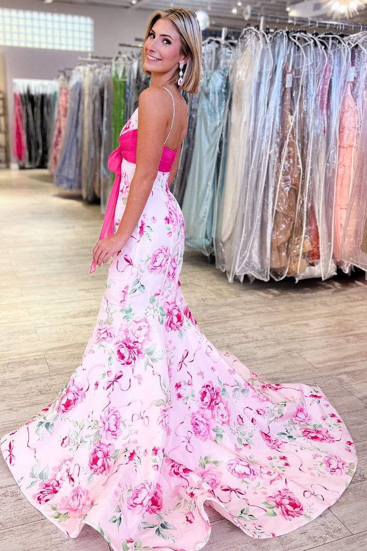 Pretty Mermaid Spaghetti Straps Pink Printed Long Prom Dress with Bowknot