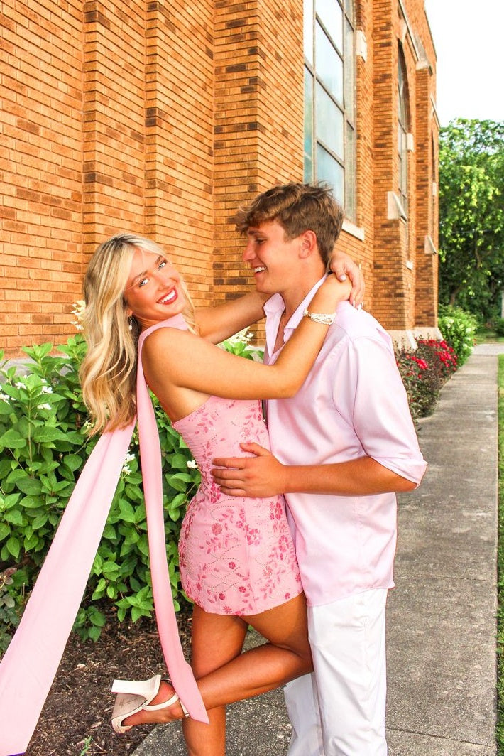 Pretty Sheath Strapless Light Pink Short Homecoming Dress with Embroidery Sequins