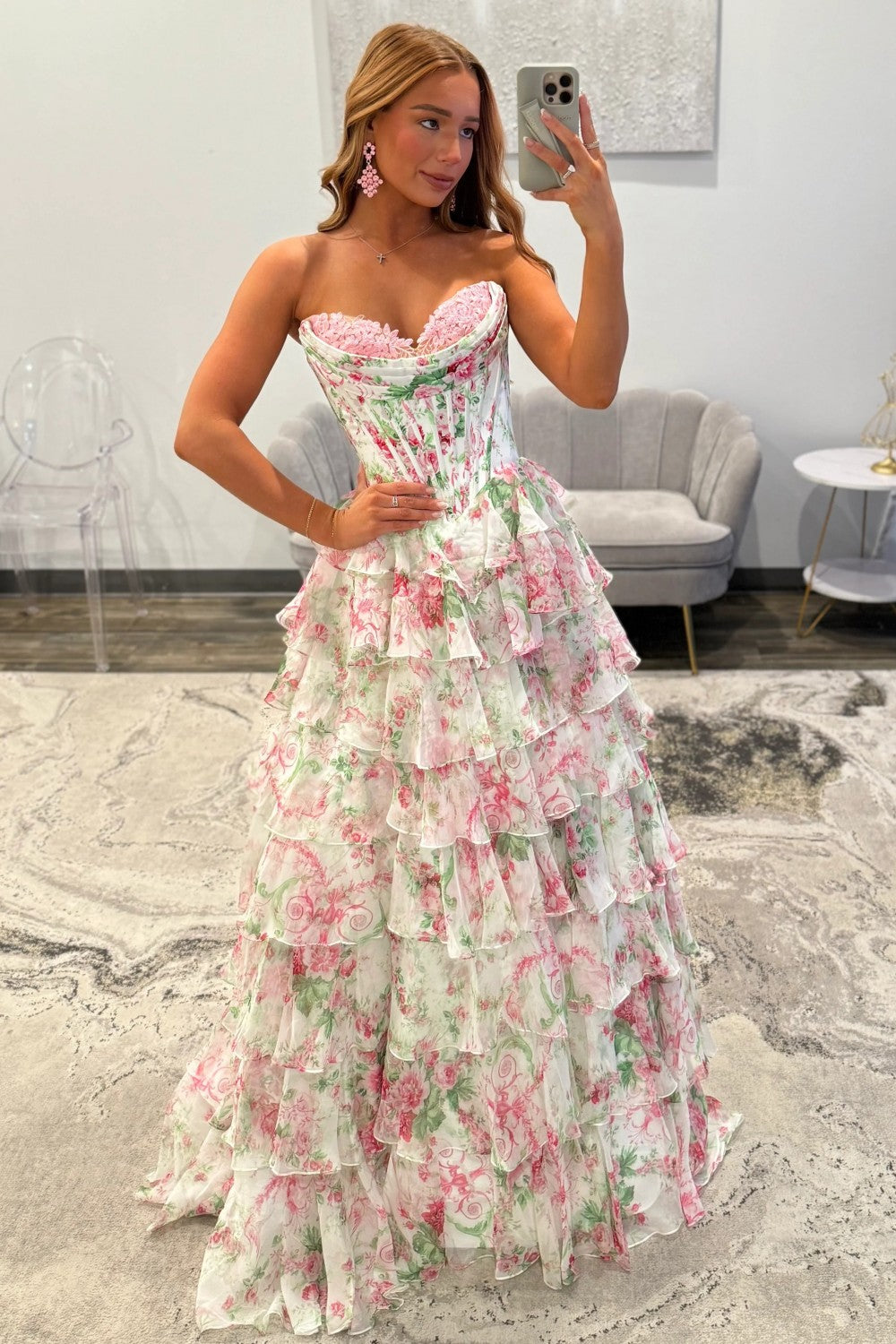 Princess A Line Sweetheart Pink Corset Prom Dress with Ruffles Appliques