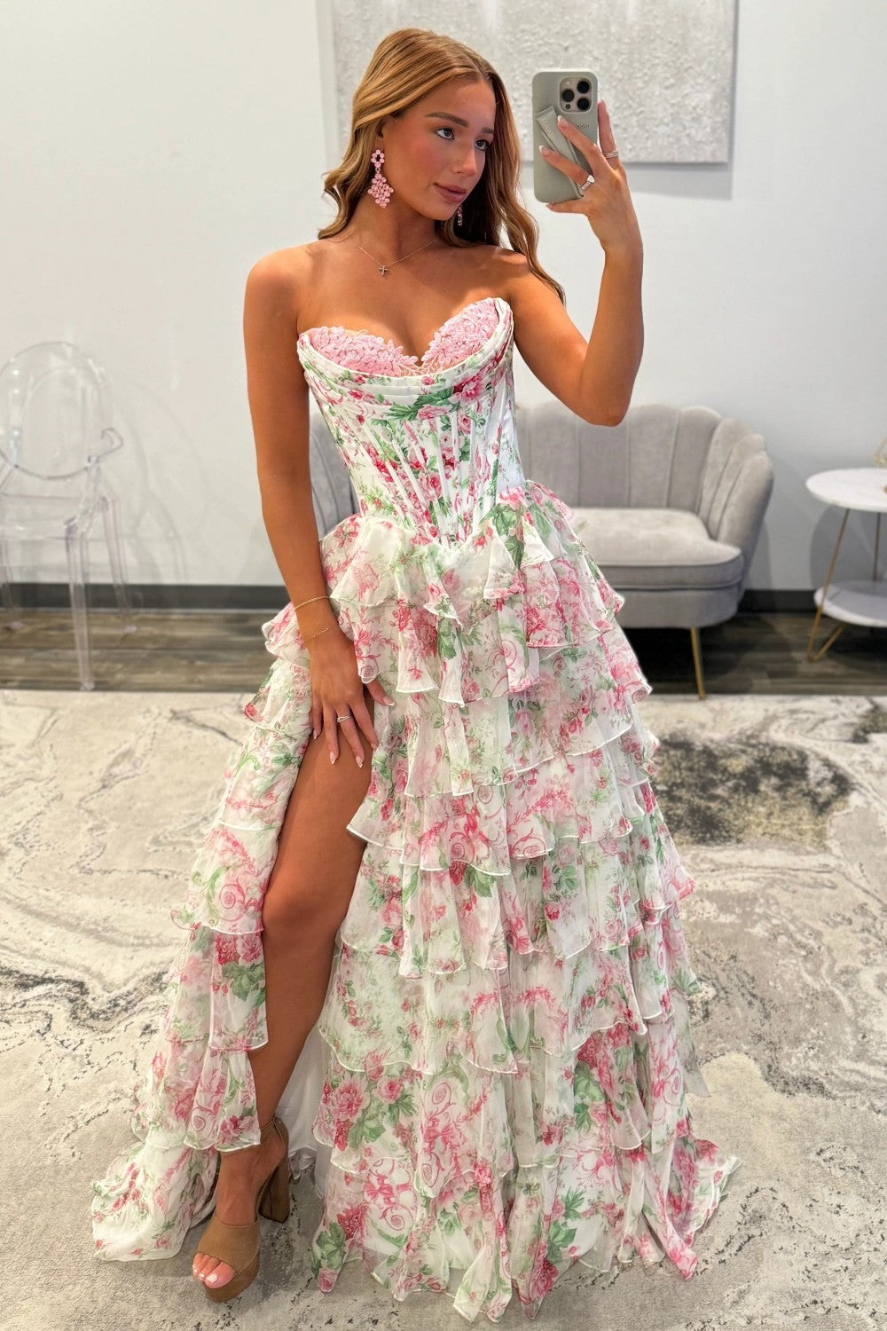 Princess A Line Sweetheart Pink Corset Prom Dress with Ruffles Appliques