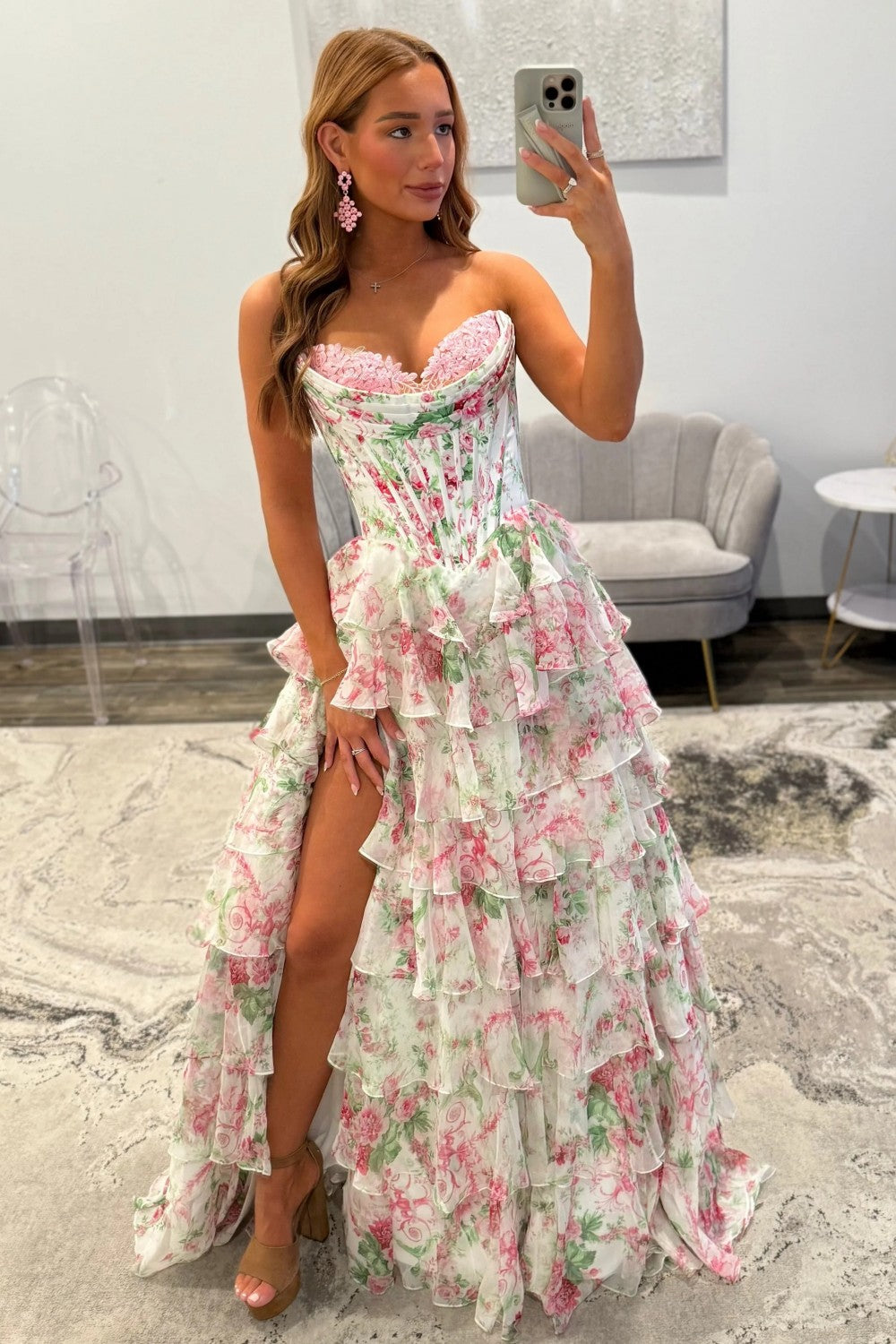 Princess A Line Sweetheart Pink Corset Prom Dress with Ruffles Appliques