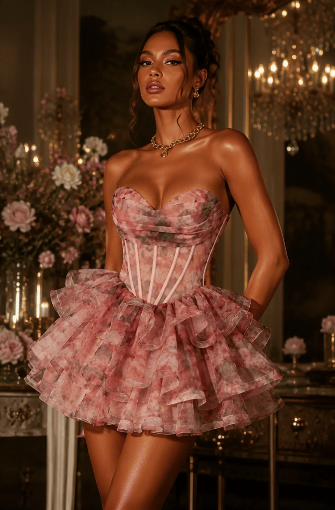Princess A Line Sweetheart Pink Floral Printed Corset Homecoming Dress with Ruched