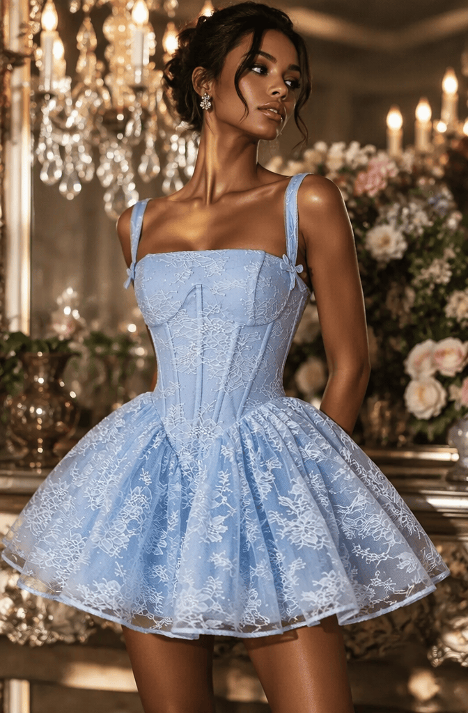 Princess Light Blue Lace Corset A-Line Homecoming Dress with Floral Tulle Skirt