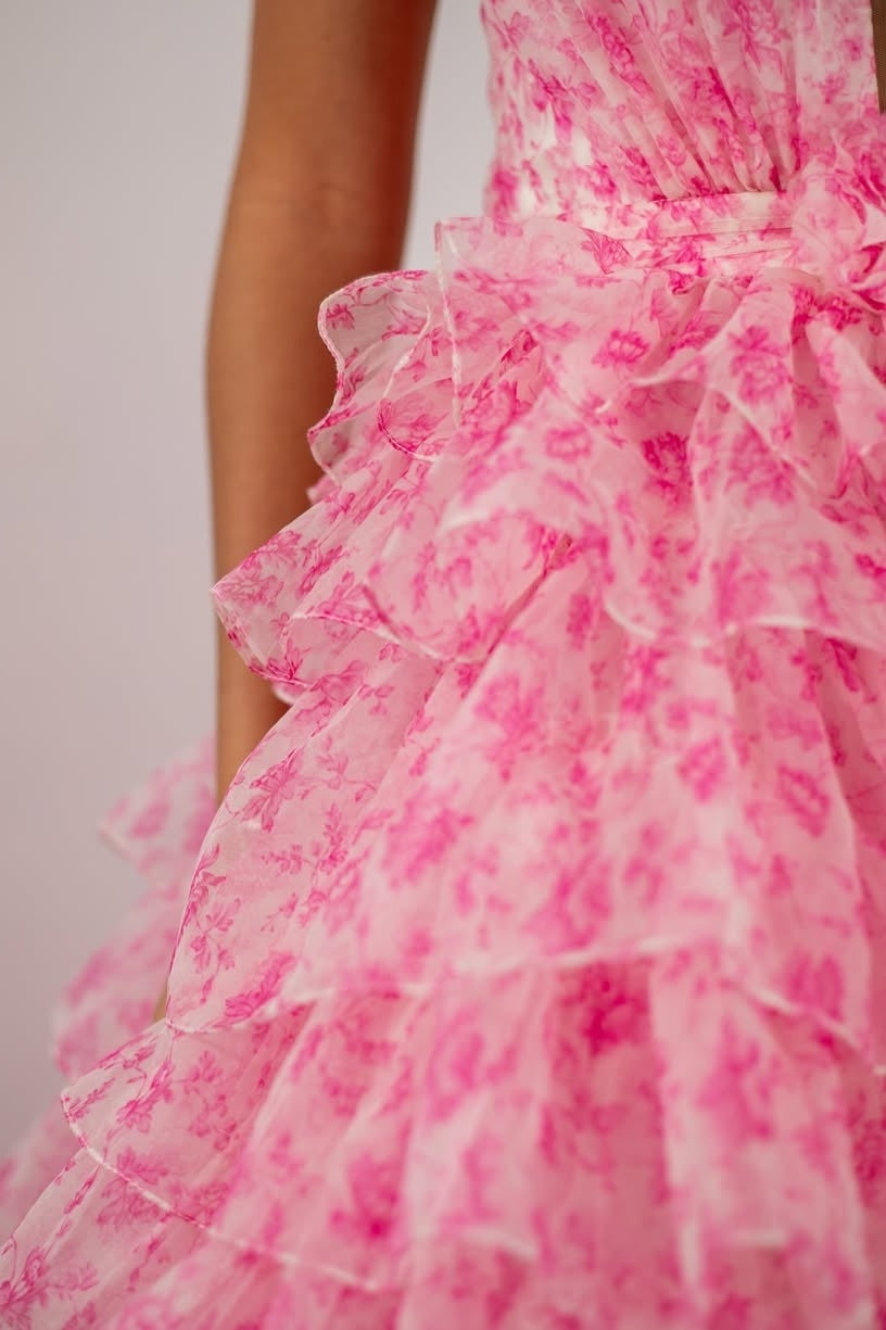 Princess A Line Halter Neck Pink Printed Tulle Long Prom Dress with Ruffles