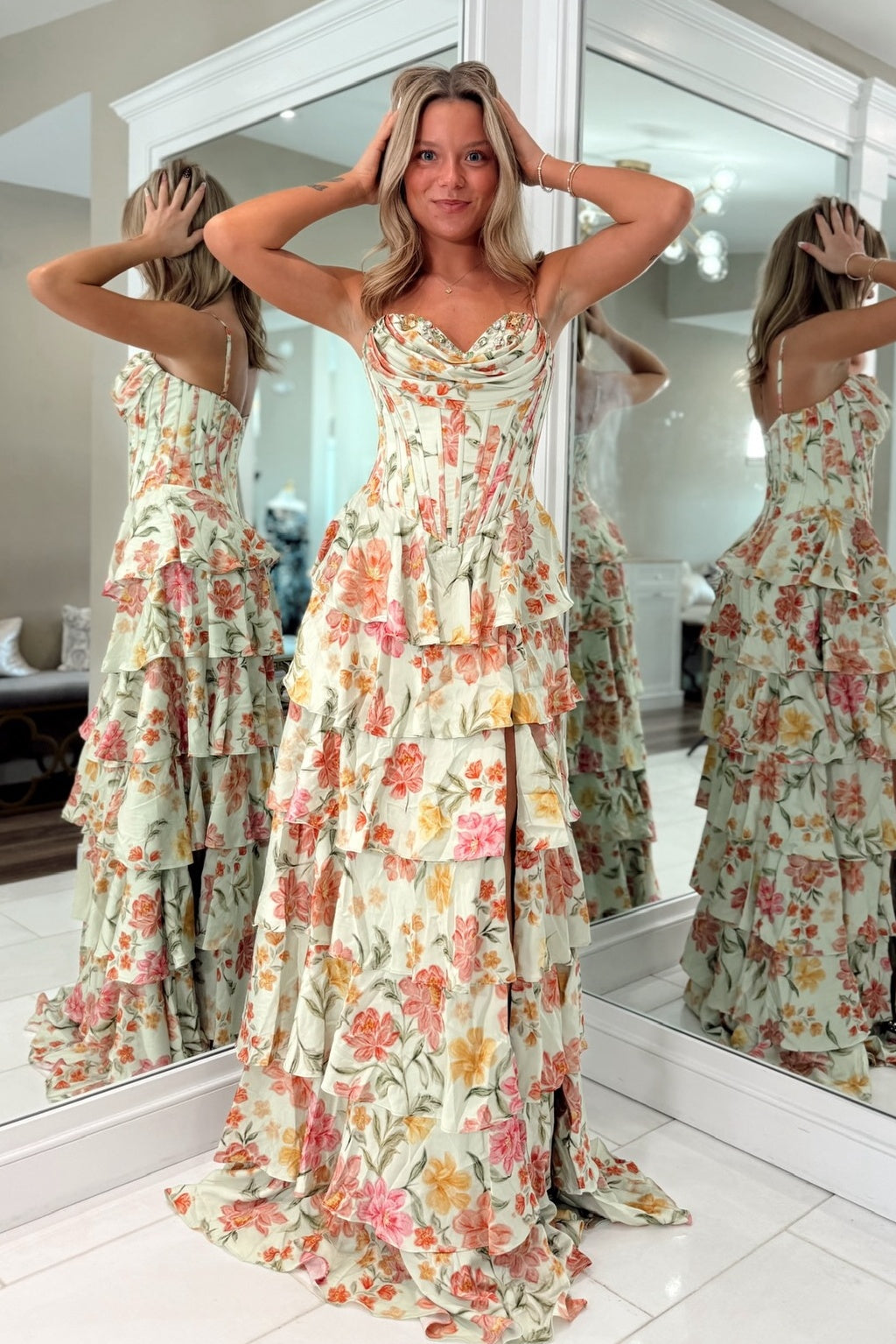 Princess A Line Spaghetti Straps Light Green Corset Prom Dress with Ruffles