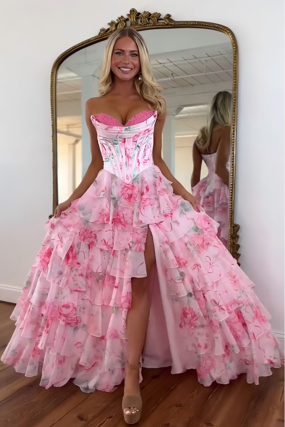 Princess A Line Sweetheart Pink Corset Prom Dress with Ruffles Appliques