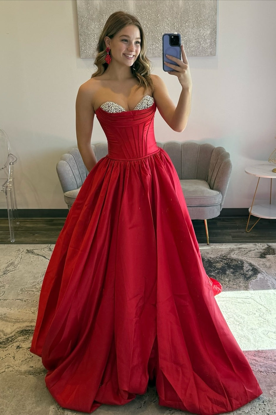 Princess A Line Sweetheart Red Corset Prom Dress with Beading