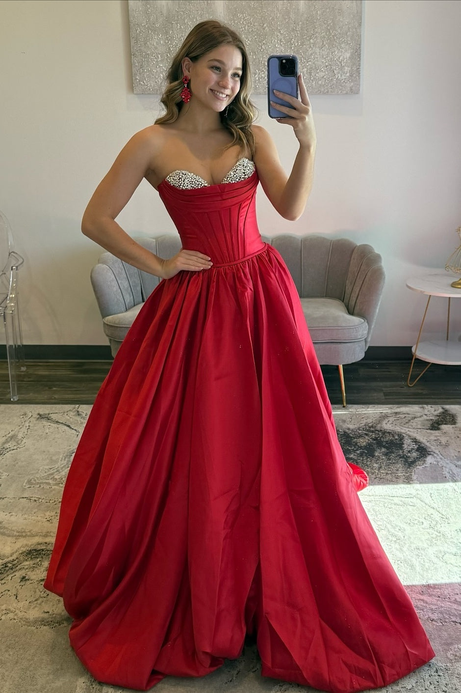 Princess A Line Sweetheart Red Corset Prom Dress with Beading