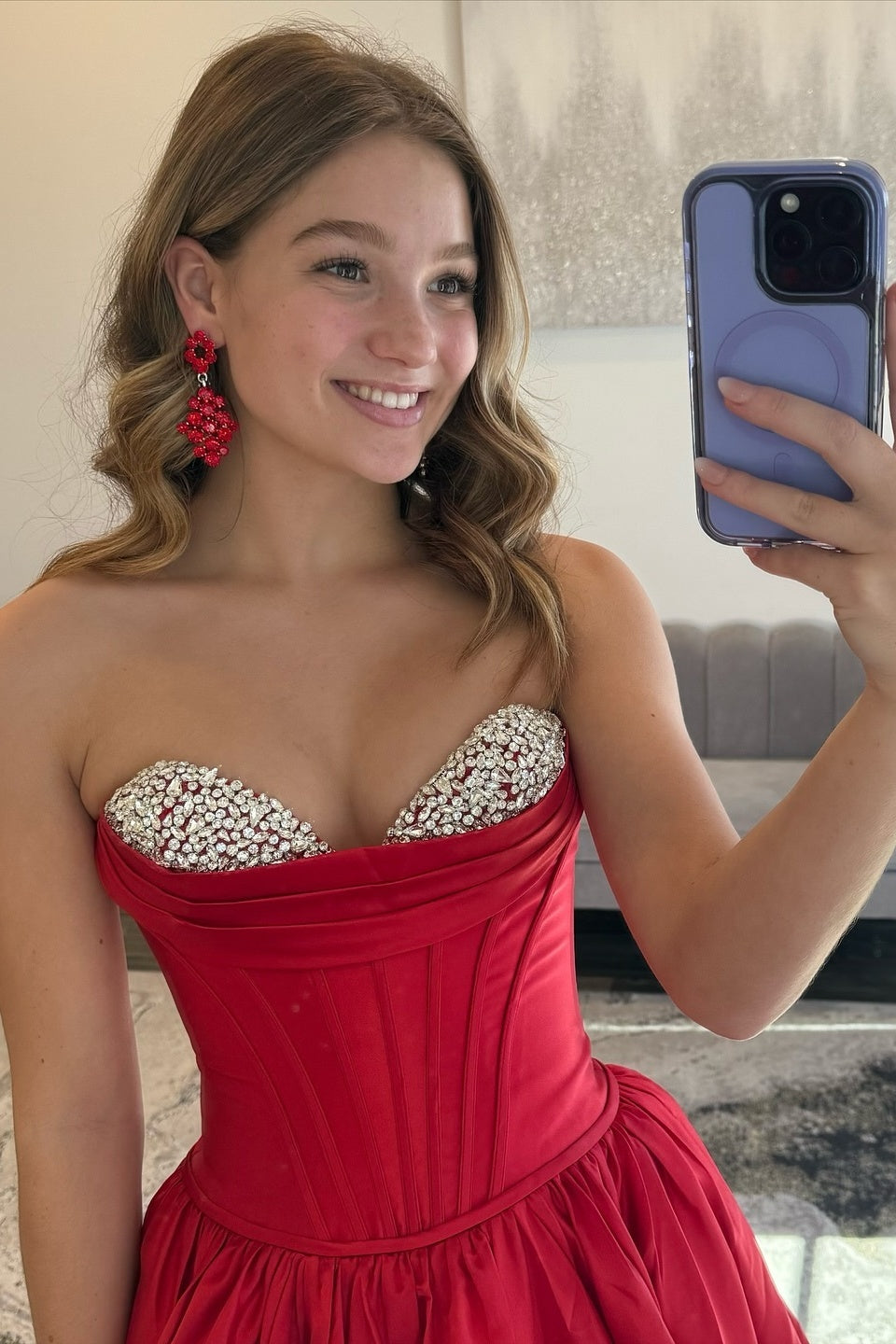 Princess A Line Sweetheart Red Corset Prom Dress with Beading