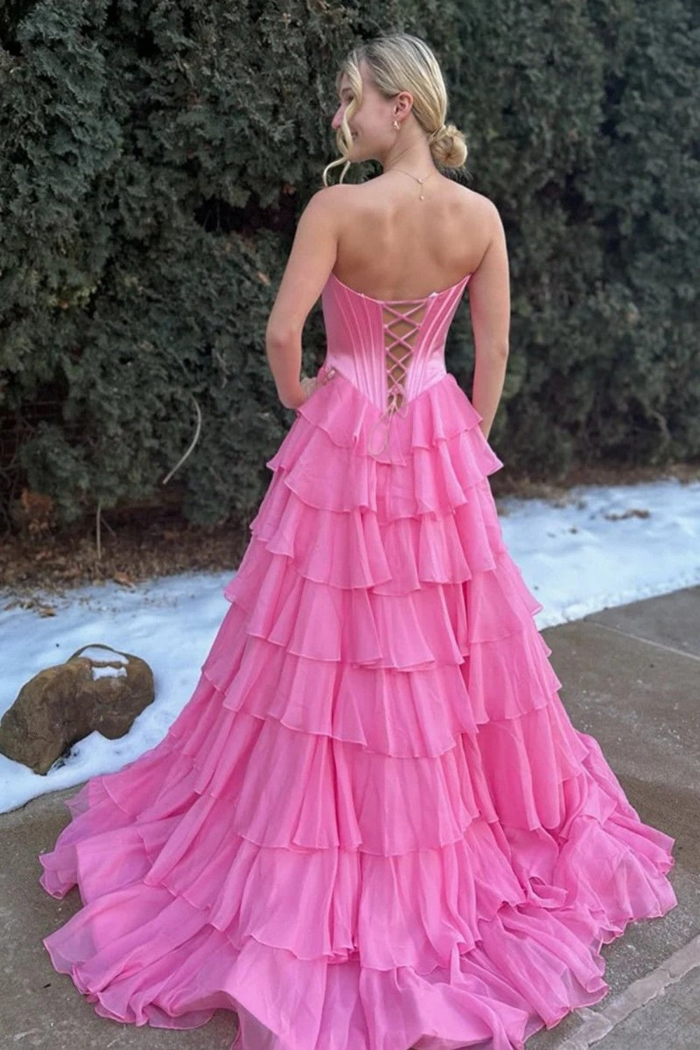 Princess A Line Sweetheart Red/Pink Corset Prom Dress with Ruffles