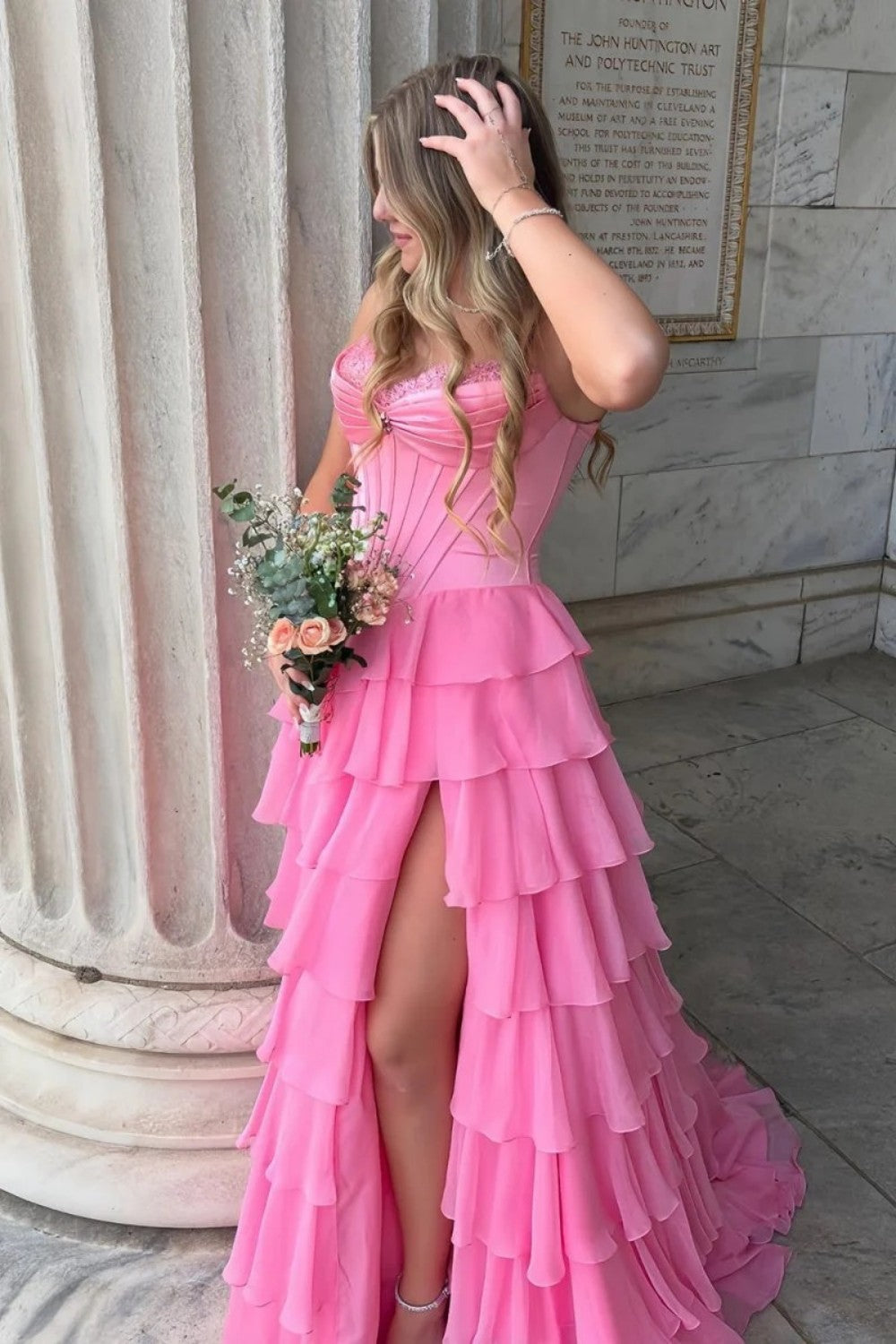 Princess A Line Sweetheart Red/Pink Corset Prom Dress with Ruffles