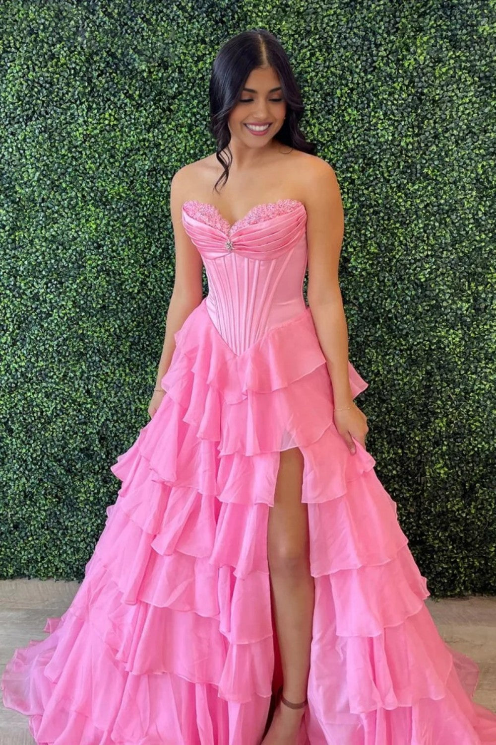 Princess A Line Sweetheart Red/Pink Corset Prom Dress with Ruffles