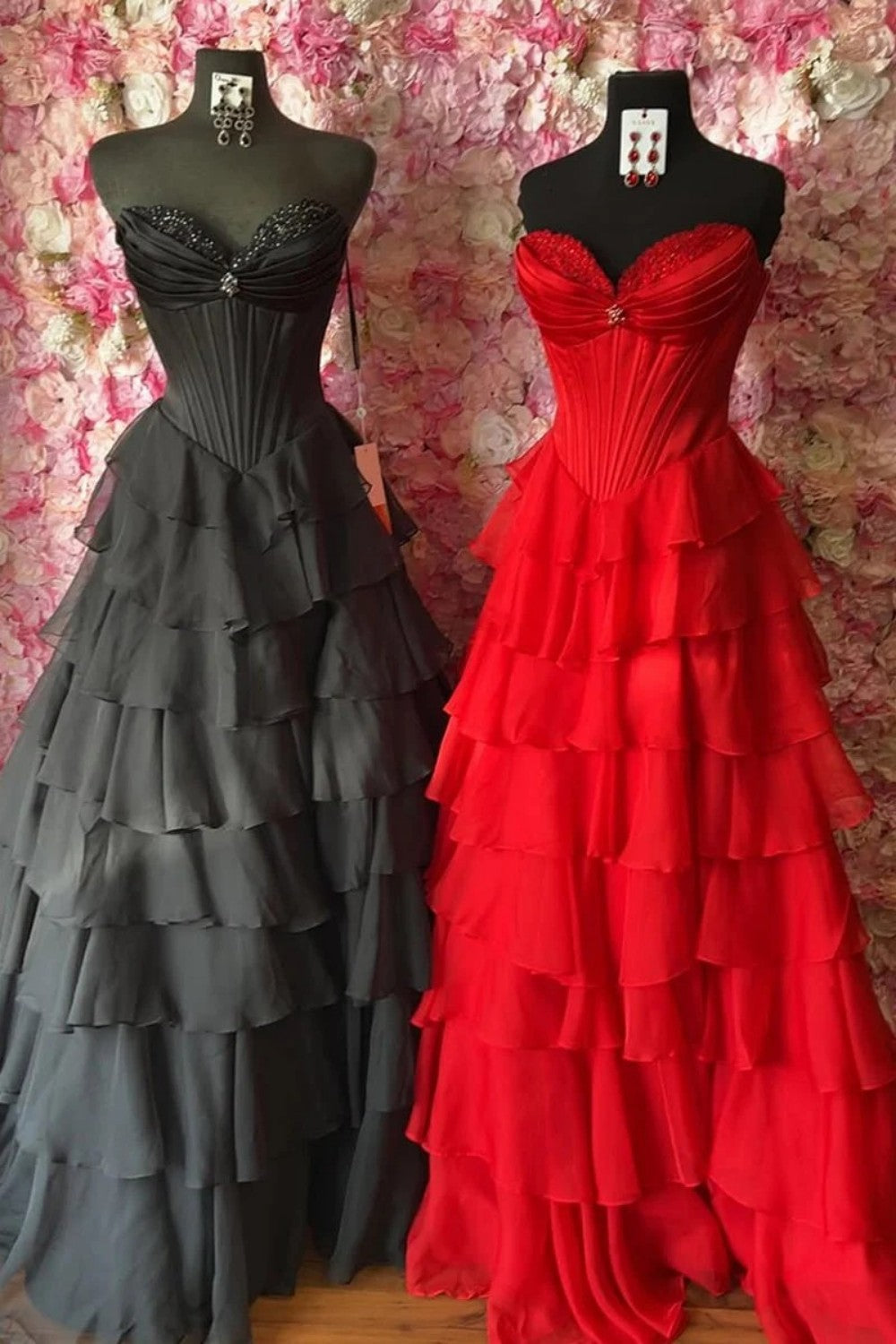 Princess A Line Sweetheart Red/Pink Corset Prom Dress with Ruffles