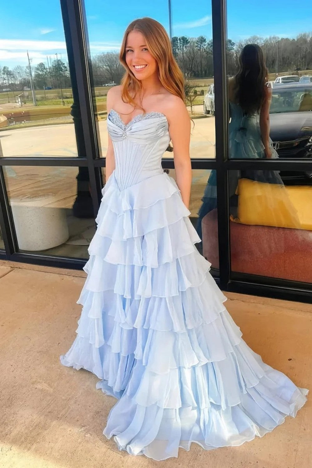 Princess A Line Sweetheart Red/Pink Corset Prom Dress with Ruffles