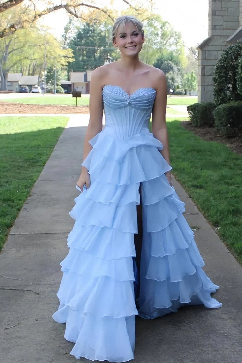 Princess A Line Sweetheart Red/Pink Corset Prom Dress with Ruffles