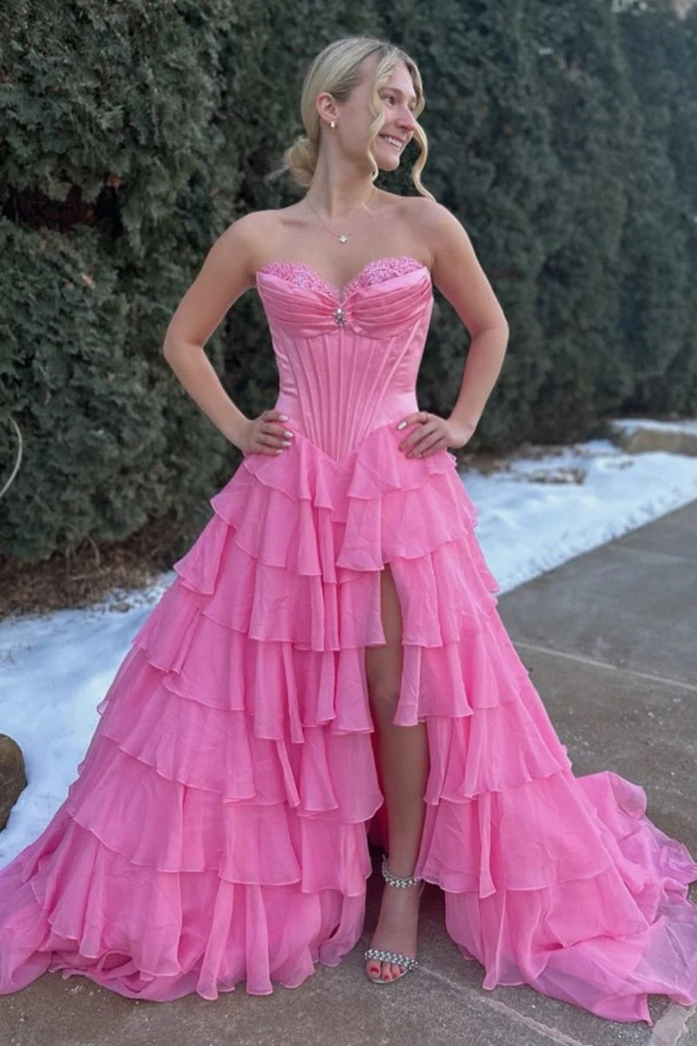 Princess A Line Sweetheart Red/Pink Corset Prom Dress with Ruffles